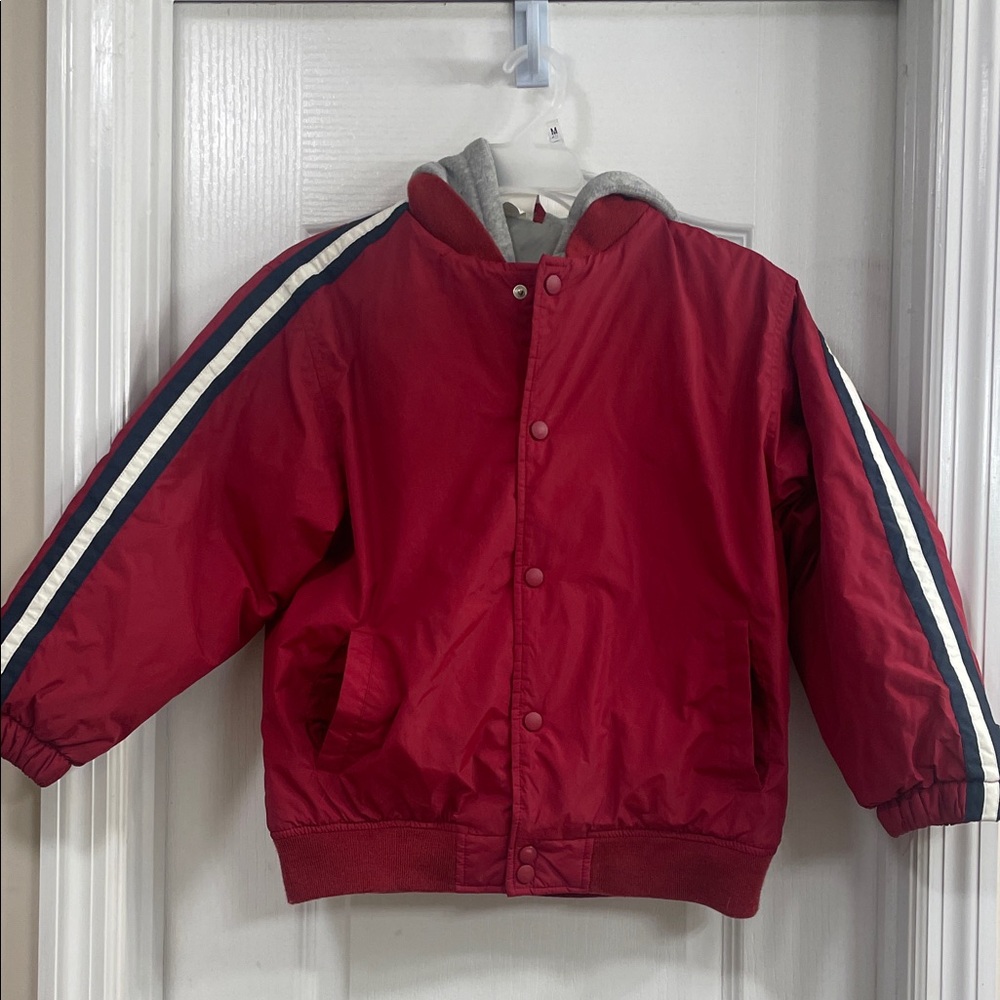 Old Navy Kids Red Puffer Jacket with Striped Sleeves